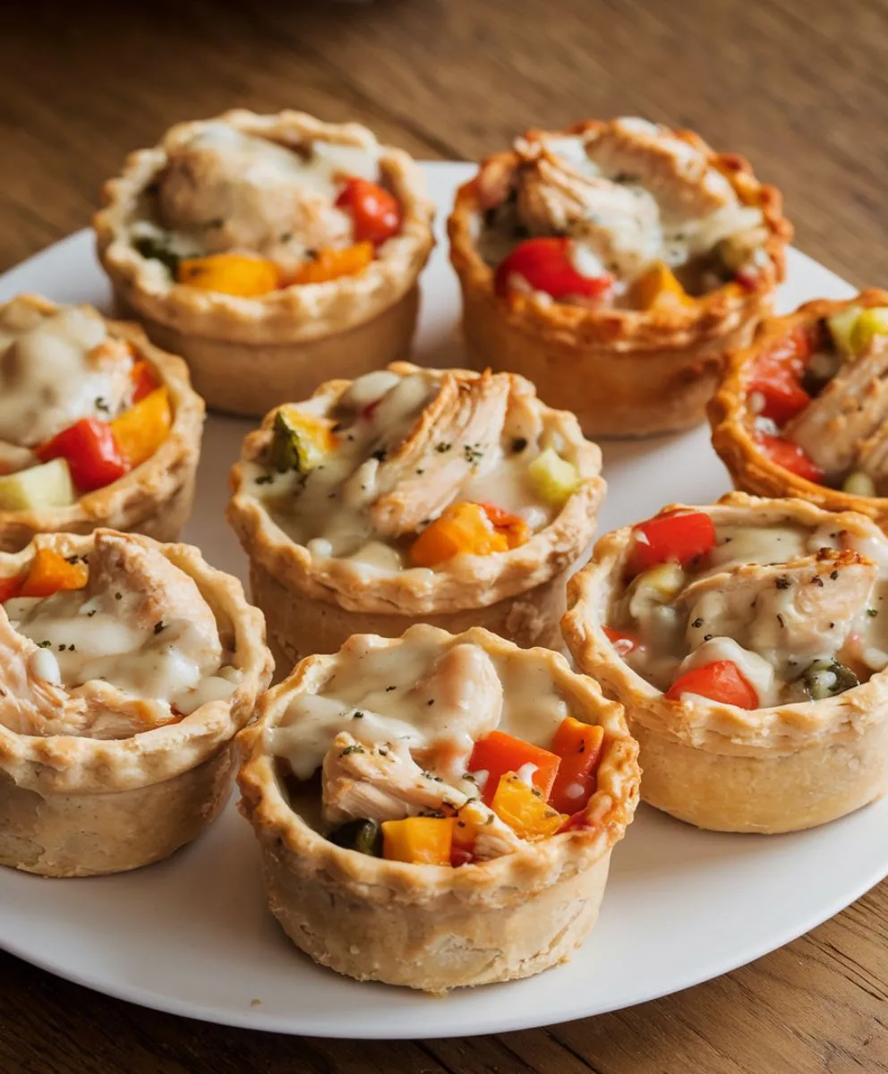 A plate of mini chicken pot pies with golden crusts and colorful vegetable toppings.