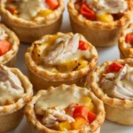 A plate of delicious mini chicken pot pies topped with colorful vegetables and creamy filling.