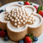 A fluffy cloud cake topped with powdered sugar, fresh berries, and a light drizzle, served on a white plate.