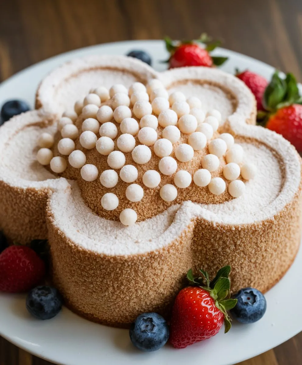 A fluffy cloud cake topped with powdered sugar, fresh berries, and a light drizzle, served on a white plate.