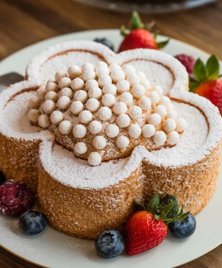 A cloud-shaped cake with a fluffy texture, topped with white pearl decorations and surrounded by fresh strawberries and blueberries on a white plate.