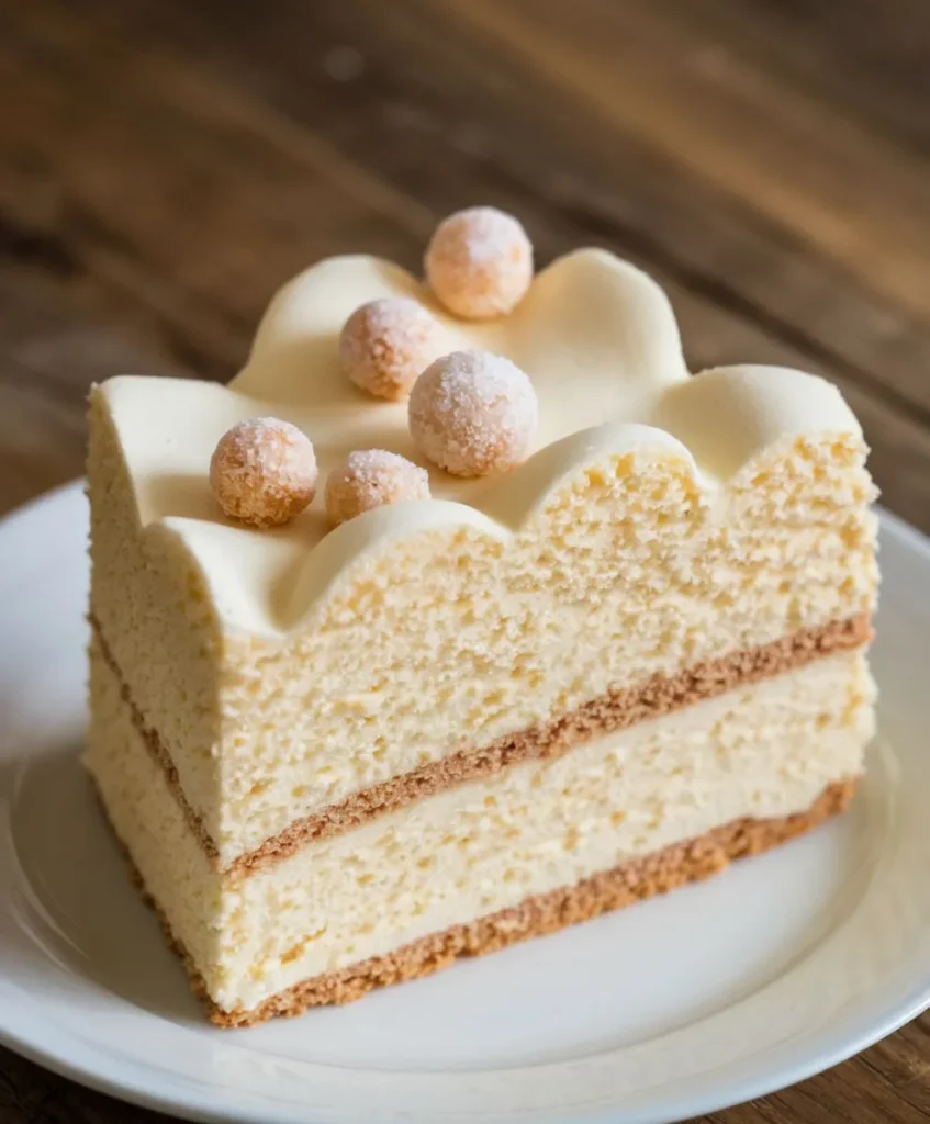 Fluffy cloud cake slice with creamy frosting and sugar-coated spheres.