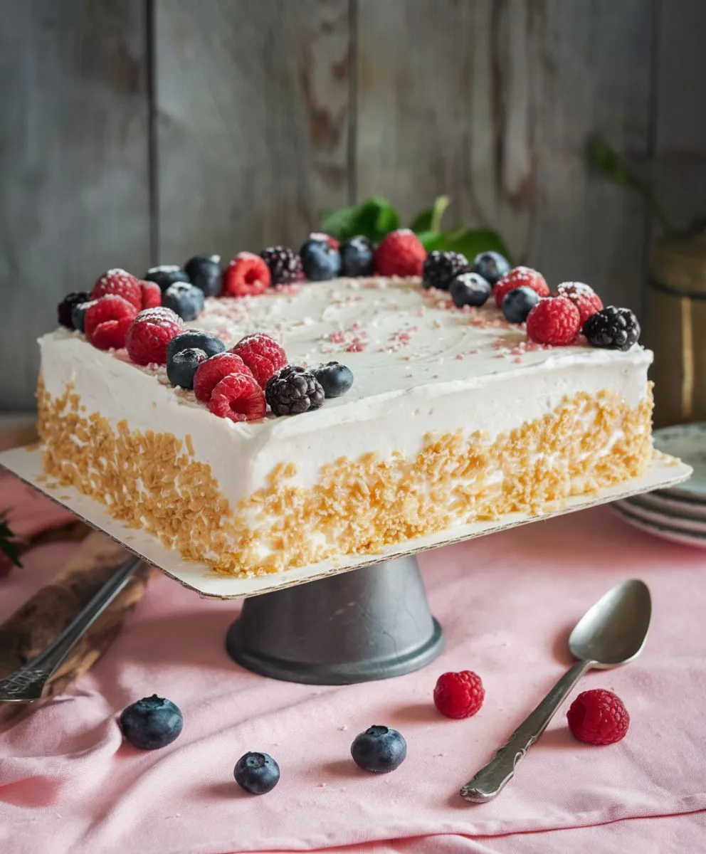 A kefir sheet cake with creamy frosting and fresh berries.