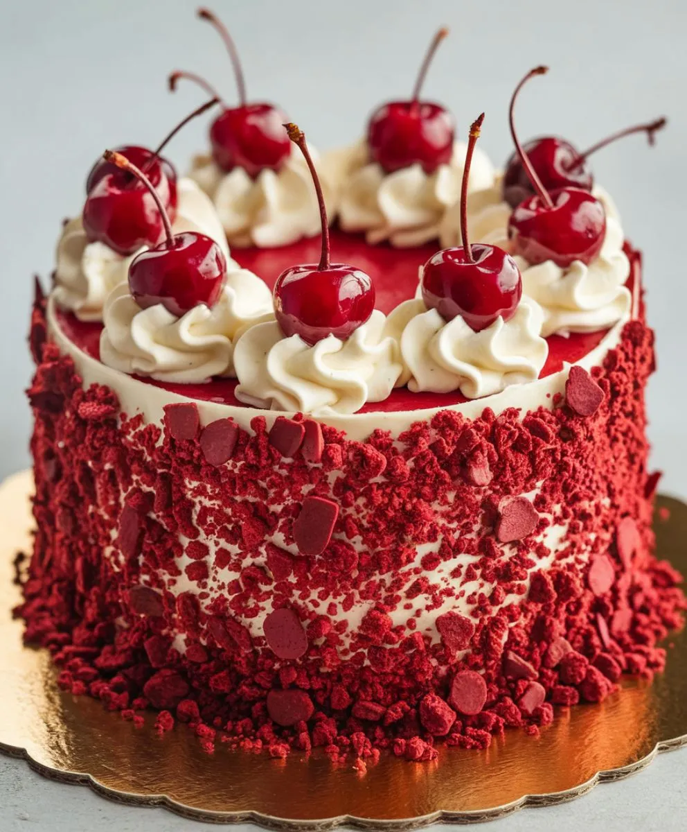 Cherry chip cake topped with whipped cream and fresh cherries on a golden base.