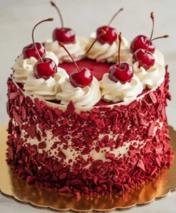 Cherry chip cake with whipped cream and fresh cherries.