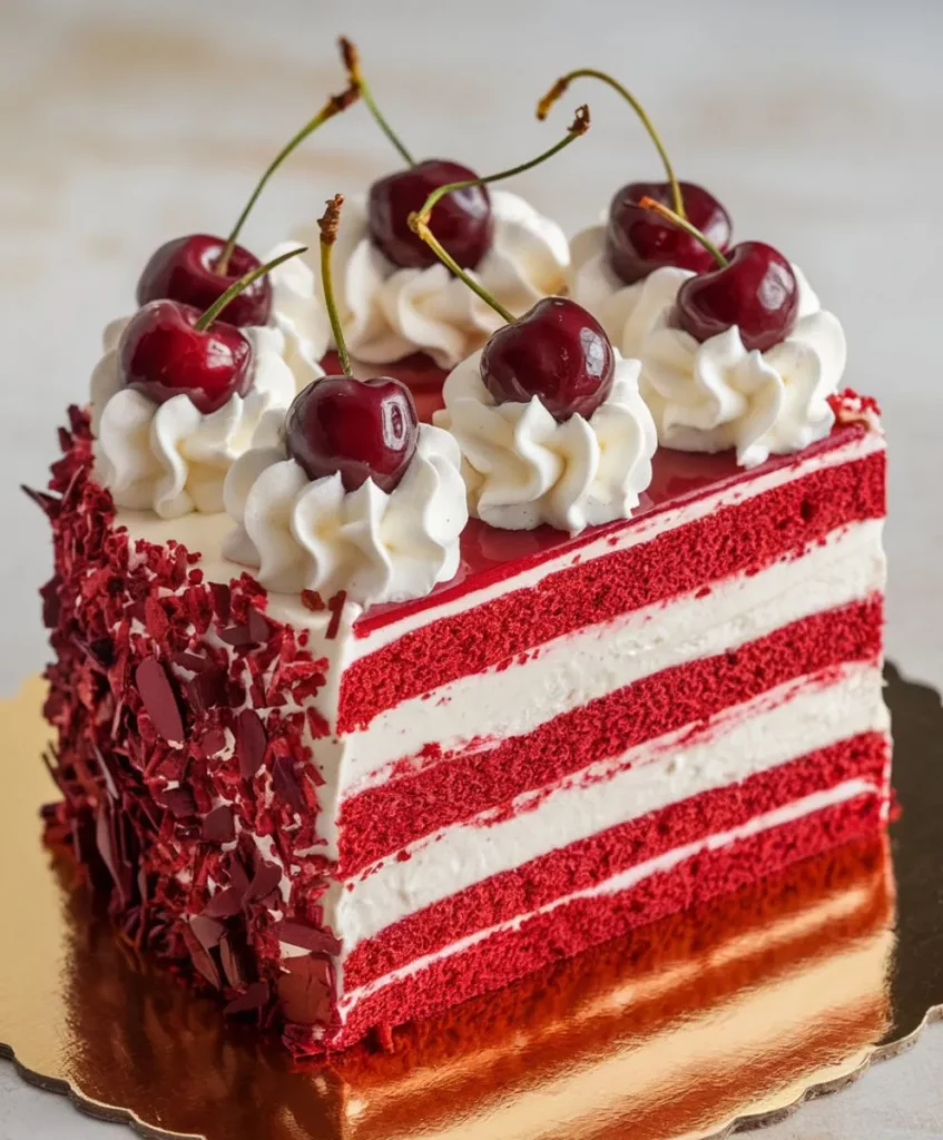 Slice of cherry chip cake with frosting and fresh cherries.