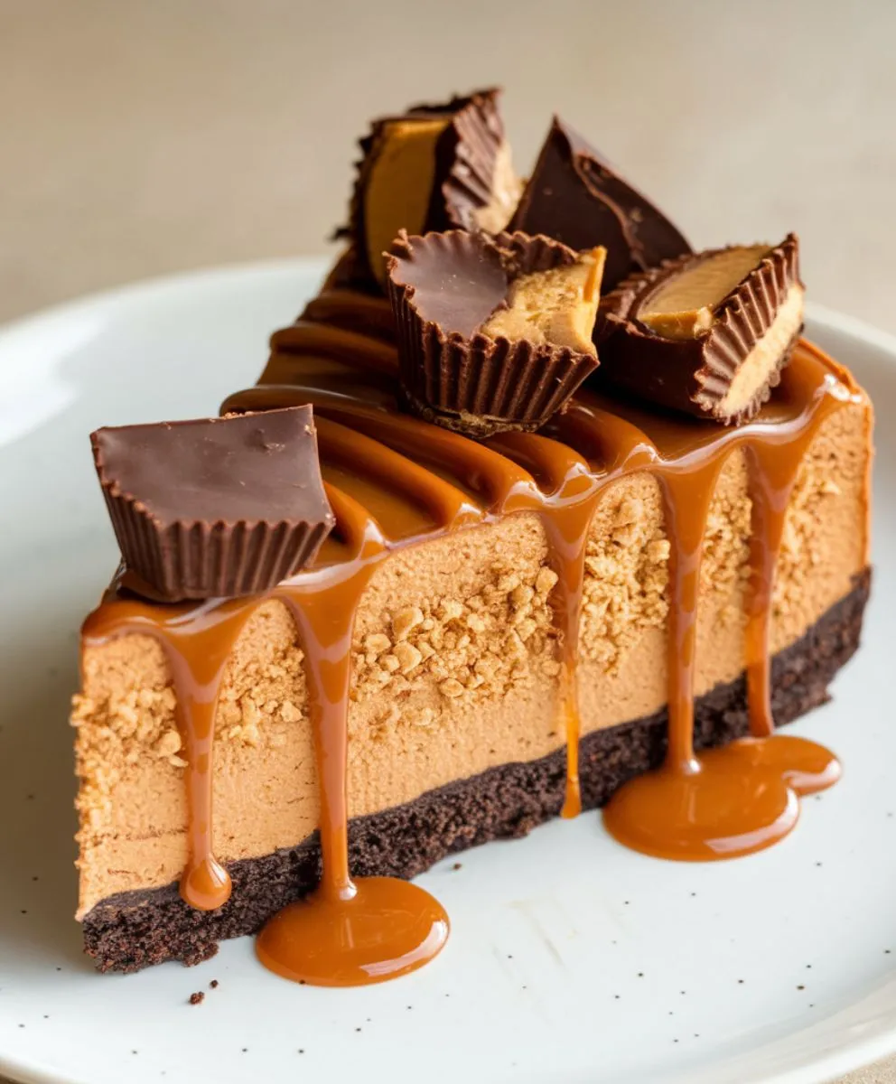 Reese's Caramel Cheesecake topped with caramel drizzle and mini Reese's cups.