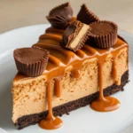 A slice of Reese's Caramel Cheesecake topped with caramel drizzle and mini Reese's cups on a white plate.