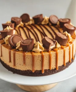 A whole Reese's Caramel Cheesecake topped with caramel drizzle, chocolate, and mini Reese's cups, displayed on a white cake stand.