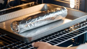 Foil-wrapped summer sausage resting on a baking tray inside an oven.