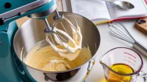 Creamed butter and sugar in a stand mixer bowl, with oil and baking tools nearby.