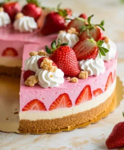 trawberry crunch cheesecake with creamy layers, fresh strawberries, and a crunchy topping.