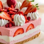 Layered strawberry crunch cheesecake with a graham cracker crust, creamy cheesecake, fresh strawberries, whipped cream, and red crumble topping.