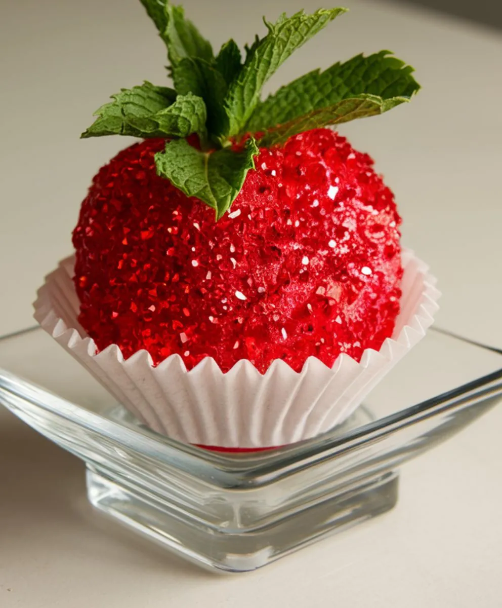 A sparkling strawberry-shaped candy with red sugar crystals and mint leaves in a white cupcake liner on a glass dish.