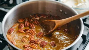 Pecans stirred into caramel syrup in a saucepan.