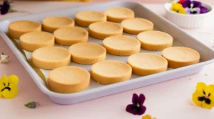 Round mini cake layers placed on a baking tray with edible flowers nearby.