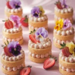 Mini cakes decorated with flowers, strawberries, and buttercream.