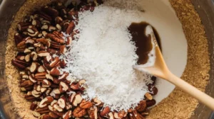 A bowl with pecans, coconut, graham crumbs, and condensed milk being mixed with a wooden spoon.