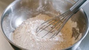 Bowl of flour being whisked with a metal whisk.