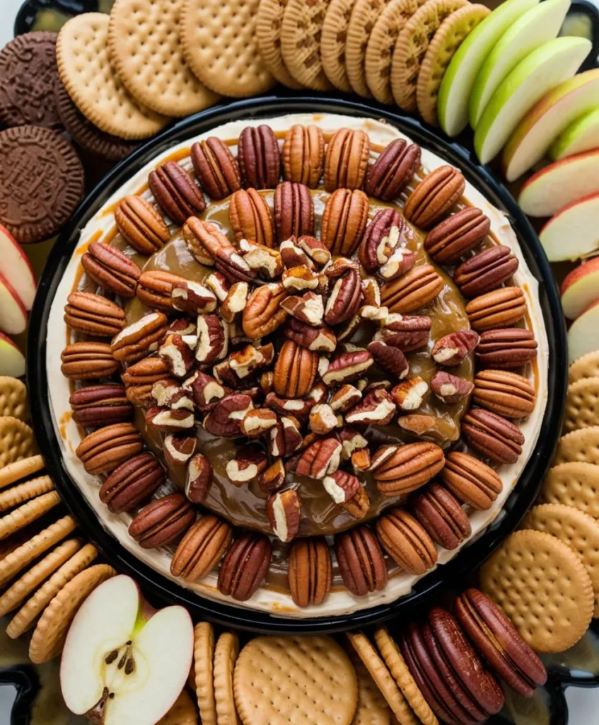 No Bake Pecan Pie Dip topped with pecans and caramel drizzle.