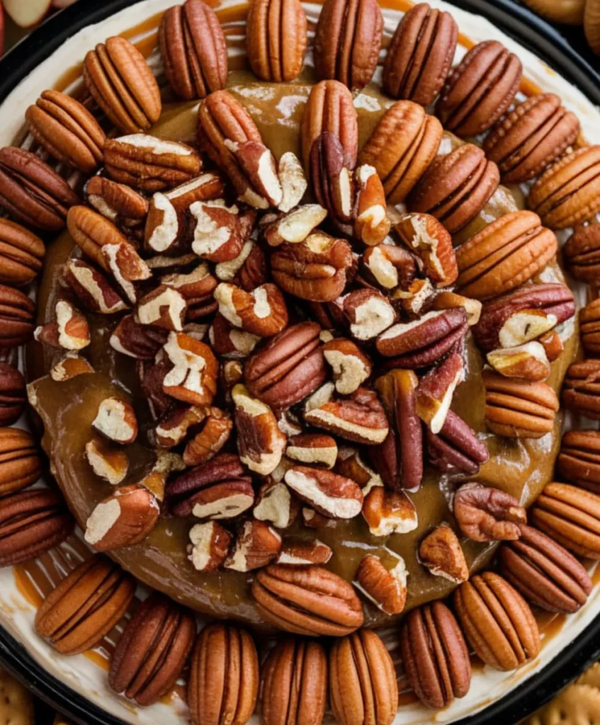 No Bake Pecan Pie Dip topped with pecans and caramel.