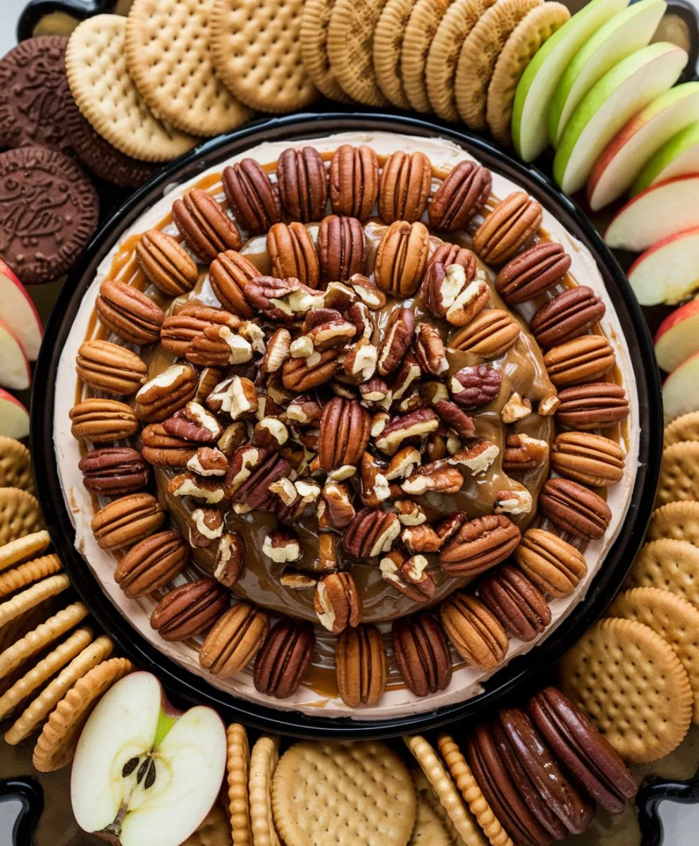 No Bake Pecan Pie Dip with apple slices and graham crackers.