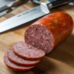 Slices of summer sausage on a wooden cutting board with a knife.