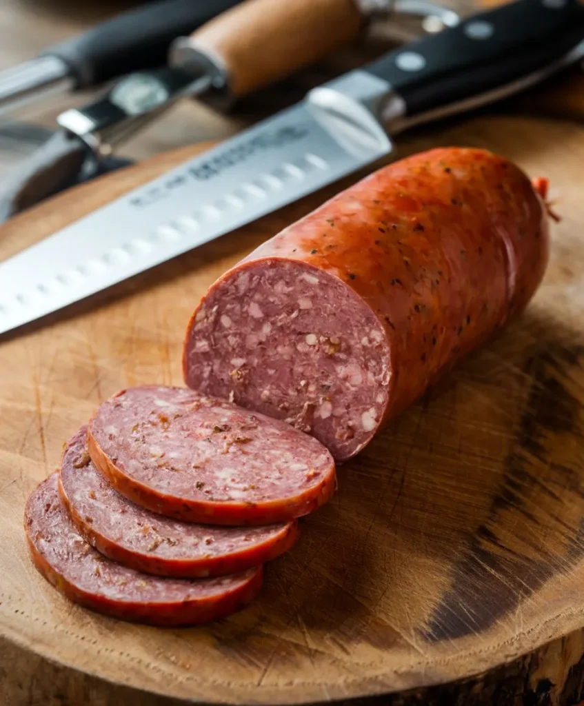 Summer sausage slices on a wooden board with a knife nearby.