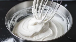 Smooth whipped cream being prepared with an electric mixer in a bowl.