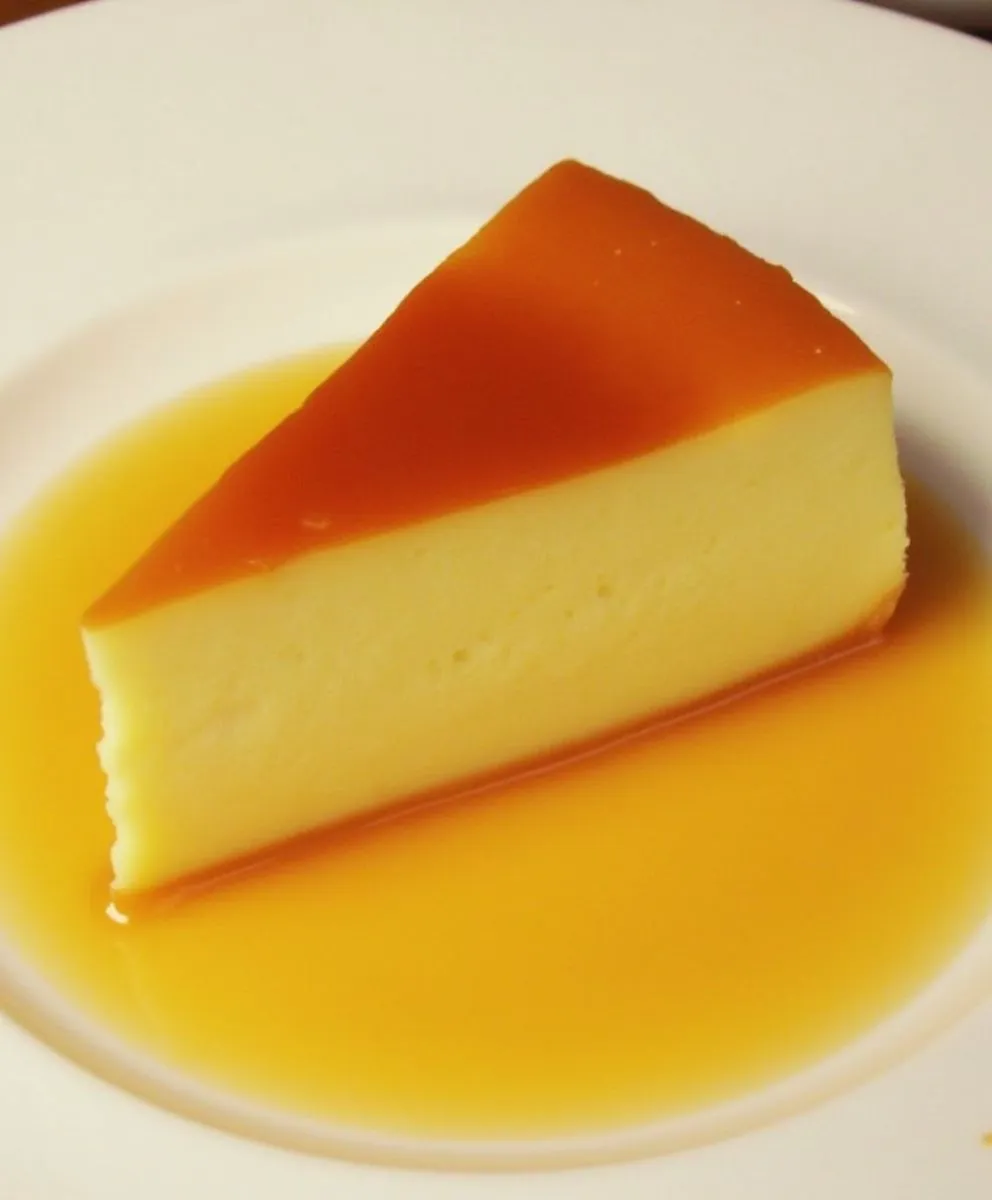 A creamy slice of quesillo topped with a glossy caramel layer, served on a white plate with golden caramel sauce pooling around it.