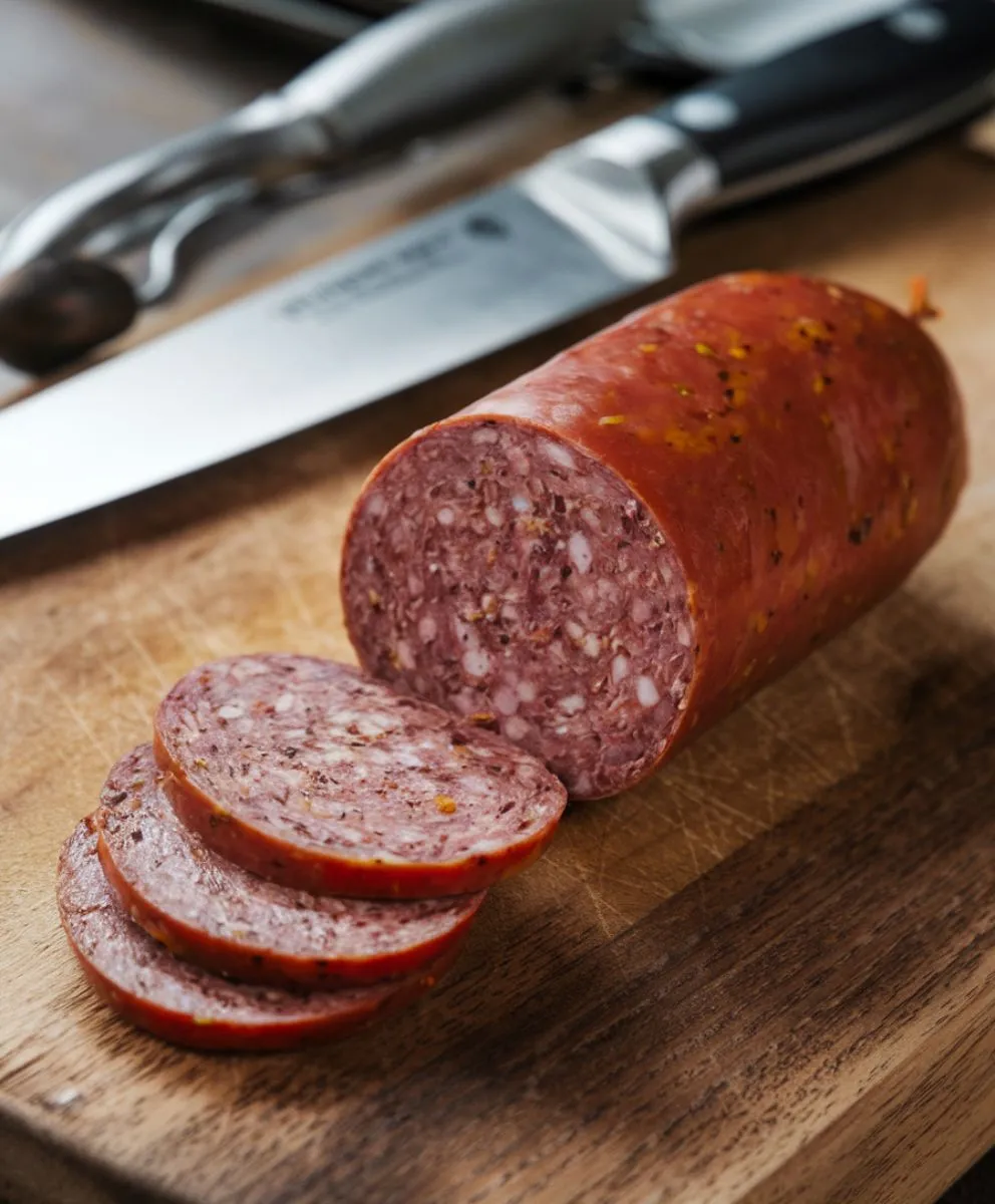 Sliced summer sausage on a wooden cutting board with a knife.