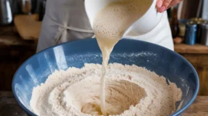 Pouring activated yeast mixture into flour for a Gipfeli recipe.