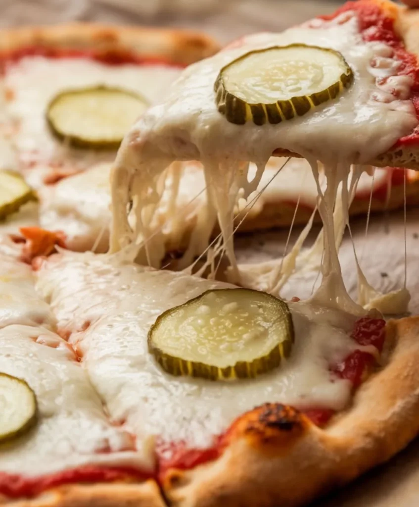 A cheesy slice of dill pickle pie pizza with gooey mozzarella and a crispy crust.