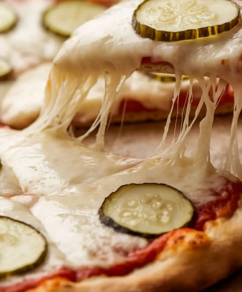 Cheesy Pickle Pie Pizza slice with gooey melted mozzarella and dill pickles.