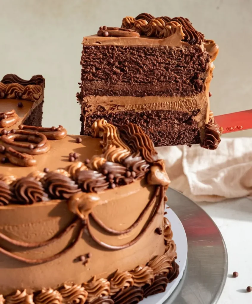 A rich and indulgent chocolate heart cake with smooth chocolate frosting and elegant decorations.