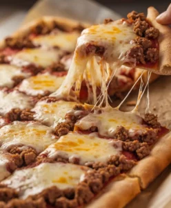 Crispy Fiestada Pizza with seasoned beef, melty cheese, and bold Tex-Mex flavors.