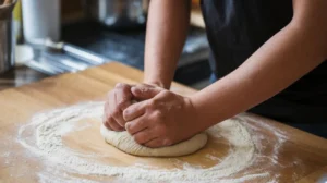 Kneading dough on a floured surface for a Gipfeli recipe.