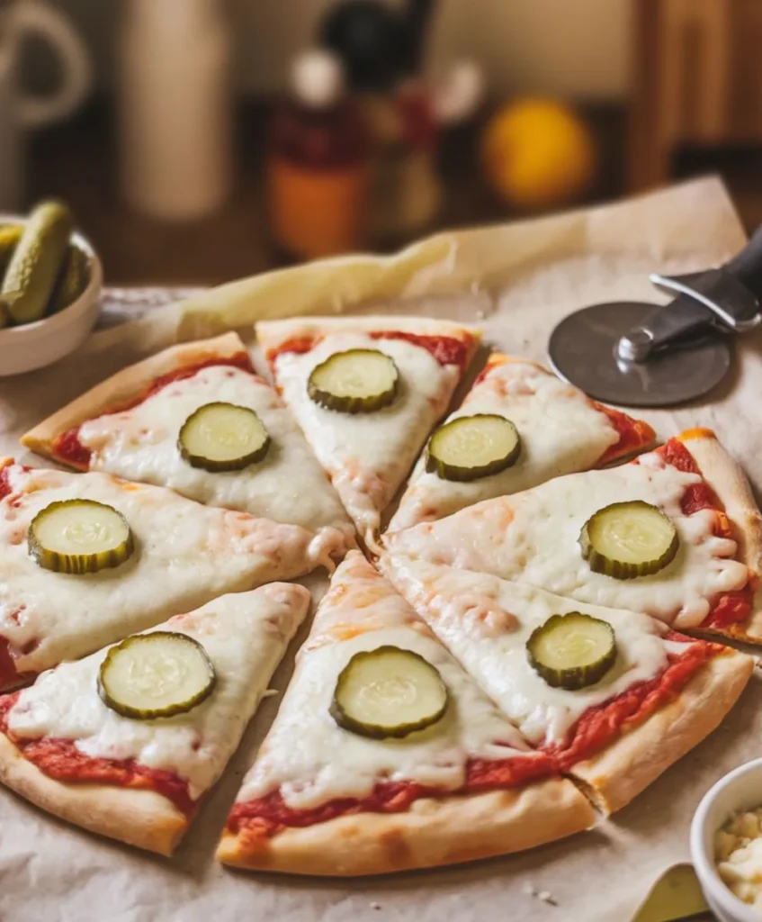 A gooey slice of pickle pie pizza with melted mozzarella and dill pickles.