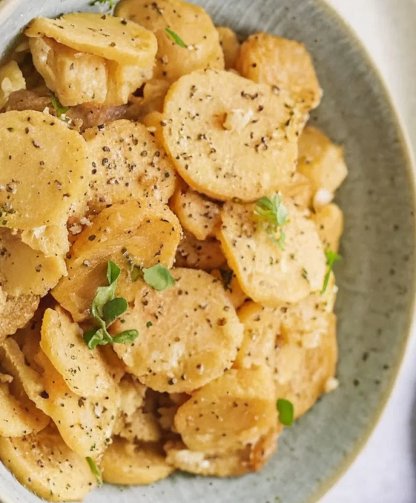 Golden smothered potatoes with black pepper and fresh herbs in a rustic bowl.