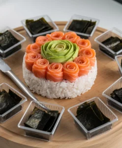 Colorful sushi cake with avocado, cucumber and fish.