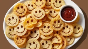 A white plate brimming with golden Smiley Fries next to a small bowl of ketchup.